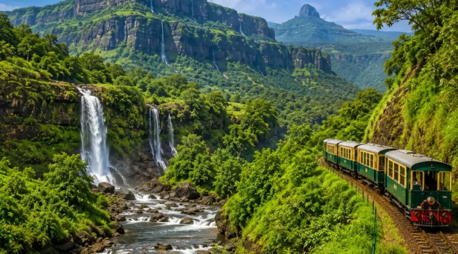Karjat Matheran Tour Package featuring Charlotte Lake, Panorama Point, Matheran Toy Train, Karjat waterfalls and lush Sahyadri landscapes.