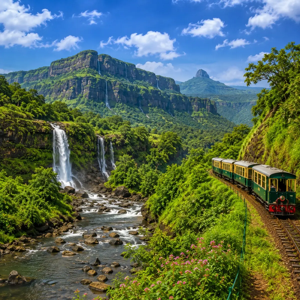 Karjat Matheran Tour Package featuring Charlotte Lake, Panorama Point, Matheran Toy Train, Karjat waterfalls and lush Sahyadri landscapes.