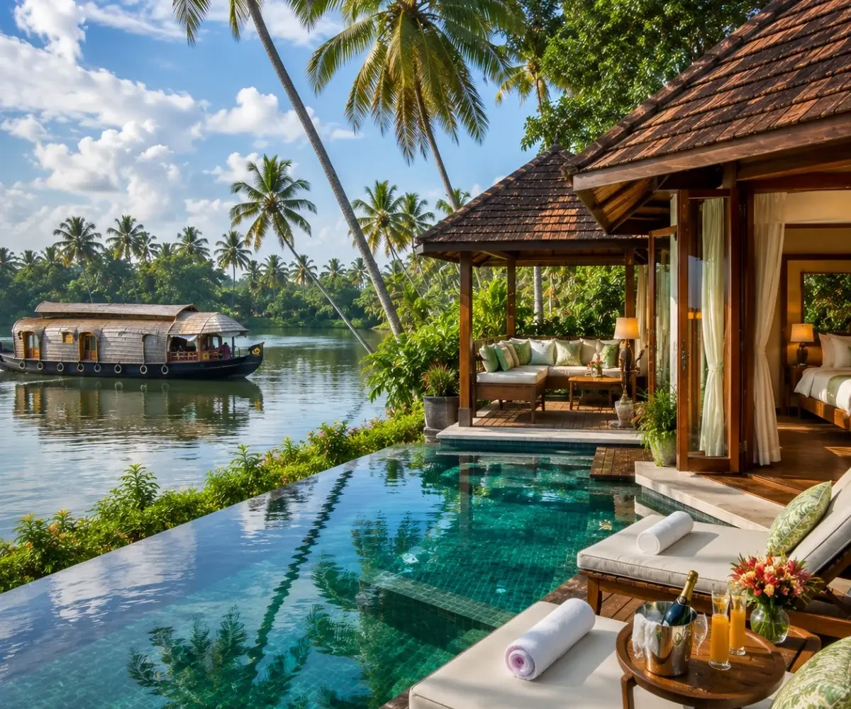 Kerala Luxury Backwater Beach Tour Package featuring Alleppey luxury houseboats, Kovalam Beach, Varkala Cliff, Kumarakom backwaters and premium resorts.