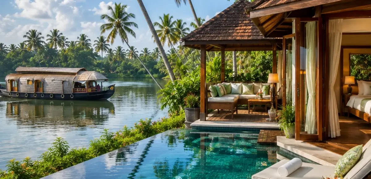Kerala Luxury Backwater Beach Tour Package featuring Alleppey luxury houseboats, Kovalam Beach, Varkala Cliff, Kumarakom backwaters and premium resorts.