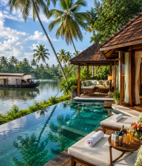 Kerala Luxury Backwater Beach Tour Package featuring Alleppey luxury houseboats, Kovalam Beach, Varkala Cliff, Kumarakom backwaters and premium resorts.