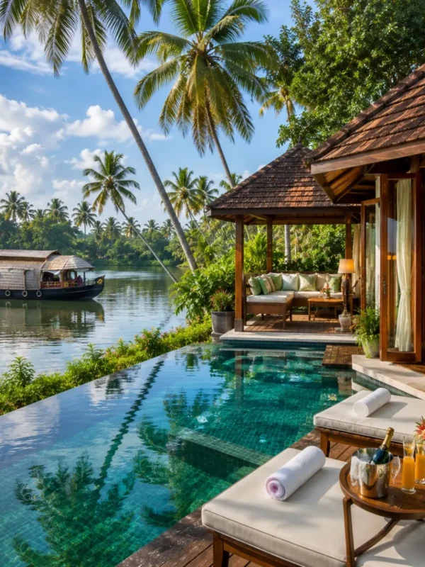 Kerala Luxury Backwater Beach Tour Package featuring Alleppey luxury houseboats, Kovalam Beach, Varkala Cliff, Kumarakom backwaters and premium resorts.