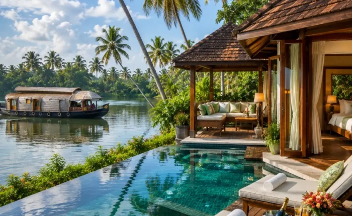 Kerala Luxury Backwater Beach Tour Package featuring Alleppey luxury houseboats, Kovalam Beach, Varkala Cliff, Kumarakom backwaters and premium resorts.