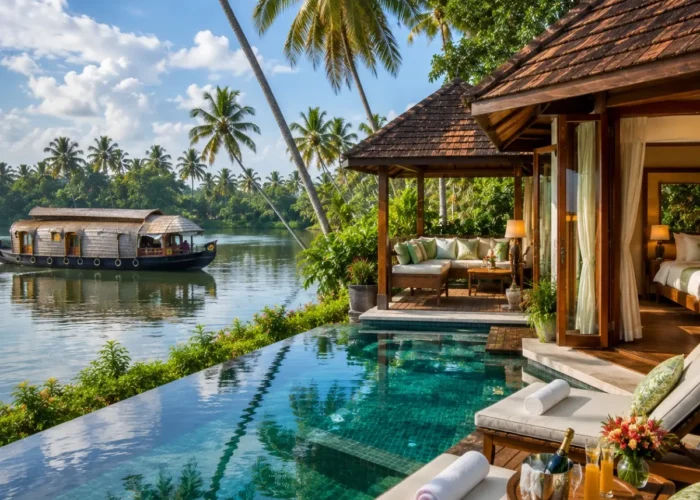 Kerala Luxury Backwater Beach Tour Package featuring Alleppey luxury houseboats, Kovalam Beach, Varkala Cliff, Kumarakom backwaters and premium resorts.