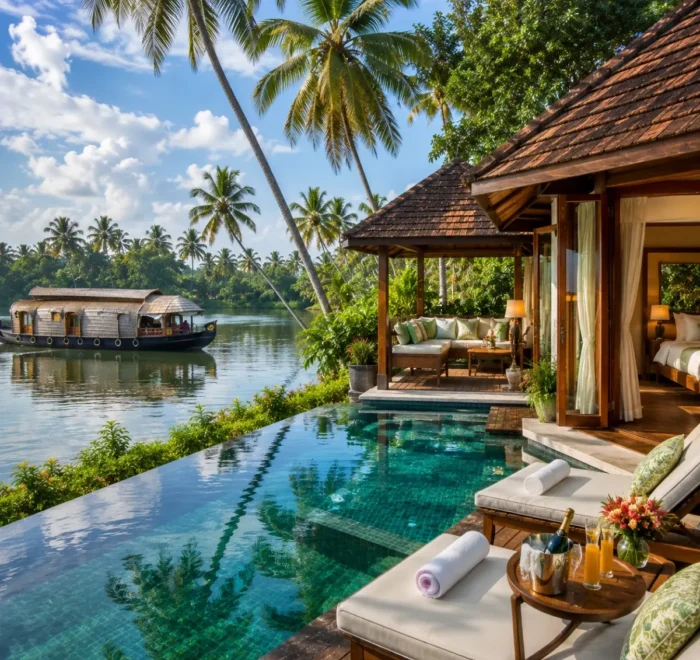 Kerala Luxury Backwater Beach Tour Package featuring Alleppey luxury houseboats, Kovalam Beach, Varkala Cliff, Kumarakom backwaters and premium resorts.