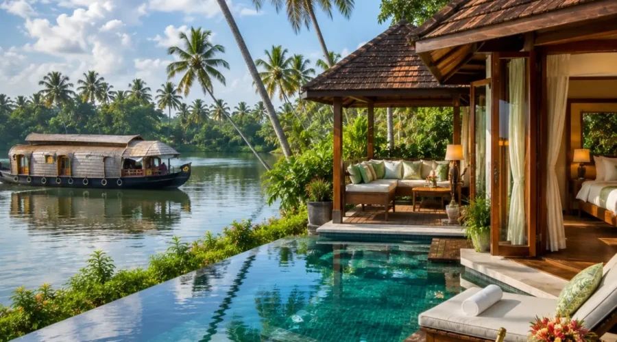 Kerala Luxury Backwater Beach Tour Package featuring Alleppey luxury houseboats, Kovalam Beach, Varkala Cliff, Kumarakom backwaters and premium resorts.