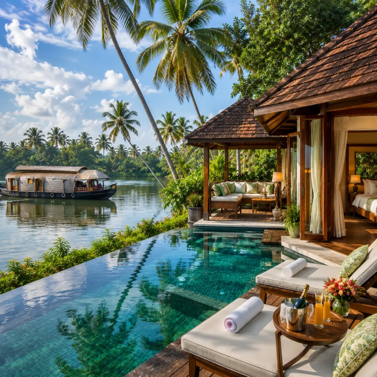 Kerala Luxury Backwater Beach Tour Package featuring Alleppey luxury houseboats, Kovalam Beach, Varkala Cliff, Kumarakom backwaters and premium resorts.