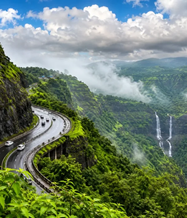 Lonavala Khandala Weekend Tour Package featuring Tiger Point, Bhushi Dam, Rajmachi Point, lush green valleys, waterfalls and scenic hill station landscapes.