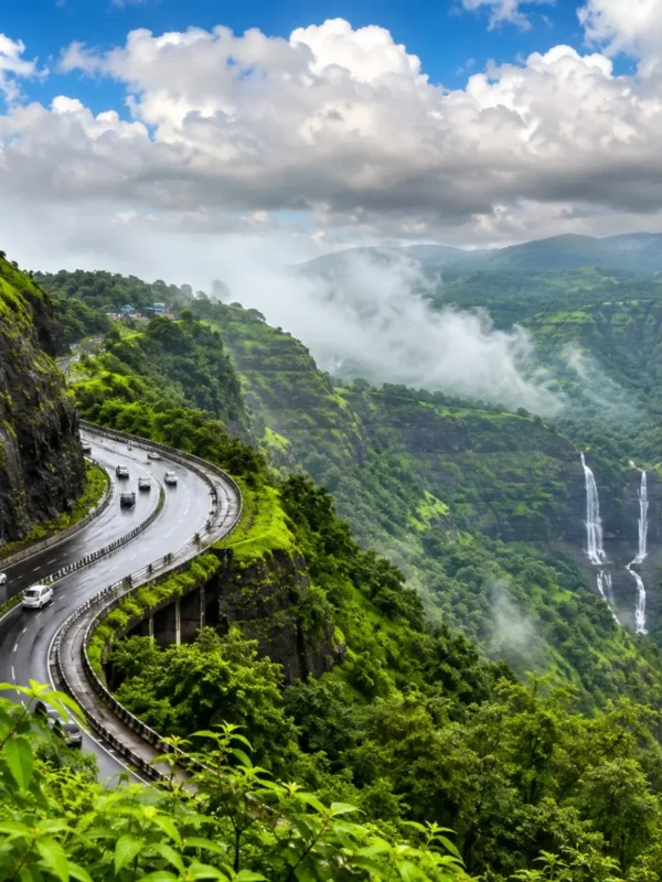 Lonavala Khandala Weekend Tour Package featuring Tiger Point, Bhushi Dam, Rajmachi Point, lush green valleys, waterfalls and scenic hill station landscapes.