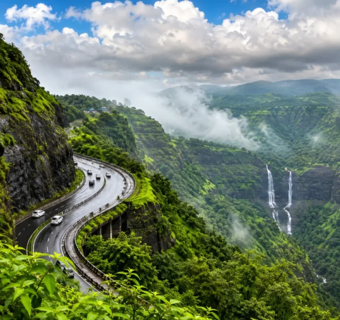 Lonavala Khandala Weekend Tour Package featuring Tiger Point, Bhushi Dam, Rajmachi Point, lush green valleys, waterfalls and scenic hill station landscapes.