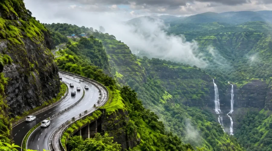 Lonavala Khandala Weekend Tour Package featuring Tiger Point, Bhushi Dam, Rajmachi Point, lush green valleys, waterfalls and scenic hill station landscapes.