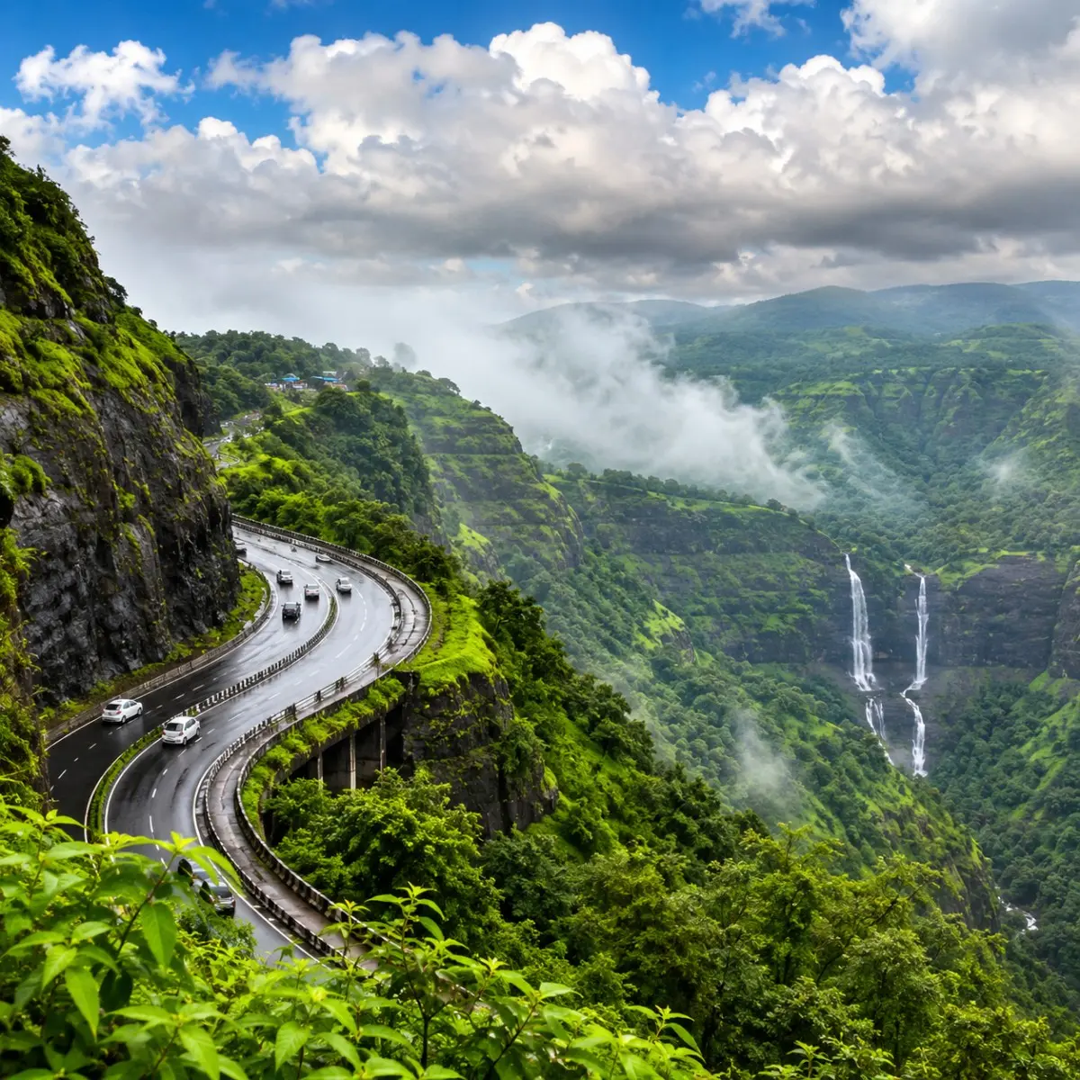 Lonavala Khandala Weekend Tour Package featuring Tiger Point, Bhushi Dam, Rajmachi Point, lush green valleys, waterfalls and scenic hill station landscapes.