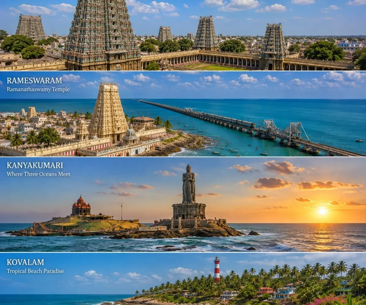Madurai, Rameswaram, Kanyakumari & Kovalam Tour Package featuring Meenakshi Amman Temple, Pamban Bridge, Vivekananda Rock Memorial and Kovalam Beach