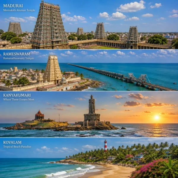 Madurai, Rameswaram, Kanyakumari & Kovalam Tour Package featuring Meenakshi Amman Temple, Pamban Bridge, Vivekananda Rock Memorial and Kovalam Beach