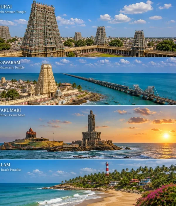 Madurai, Rameswaram, Kanyakumari & Kovalam Tour Package featuring Meenakshi Amman Temple, Pamban Bridge, Vivekananda Rock Memorial and Kovalam Beach