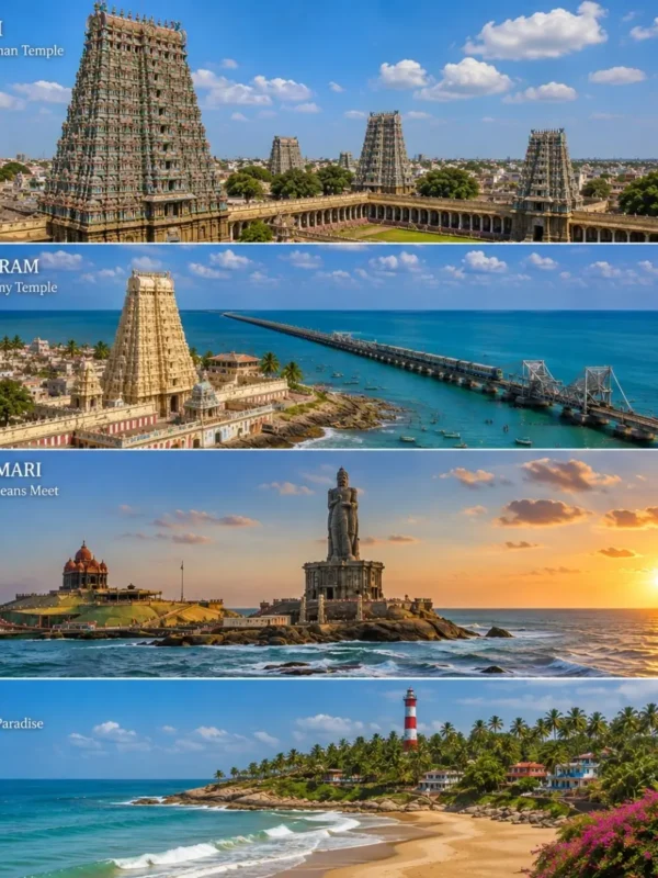 Madurai, Rameswaram, Kanyakumari & Kovalam Tour Package featuring Meenakshi Amman Temple, Pamban Bridge, Vivekananda Rock Memorial and Kovalam Beach