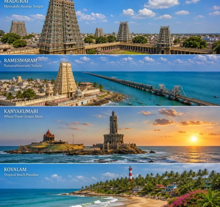 Madurai, Rameswaram, Kanyakumari & Kovalam Tour Package featuring Meenakshi Amman Temple, Pamban Bridge, Vivekananda Rock Memorial and Kovalam Beach