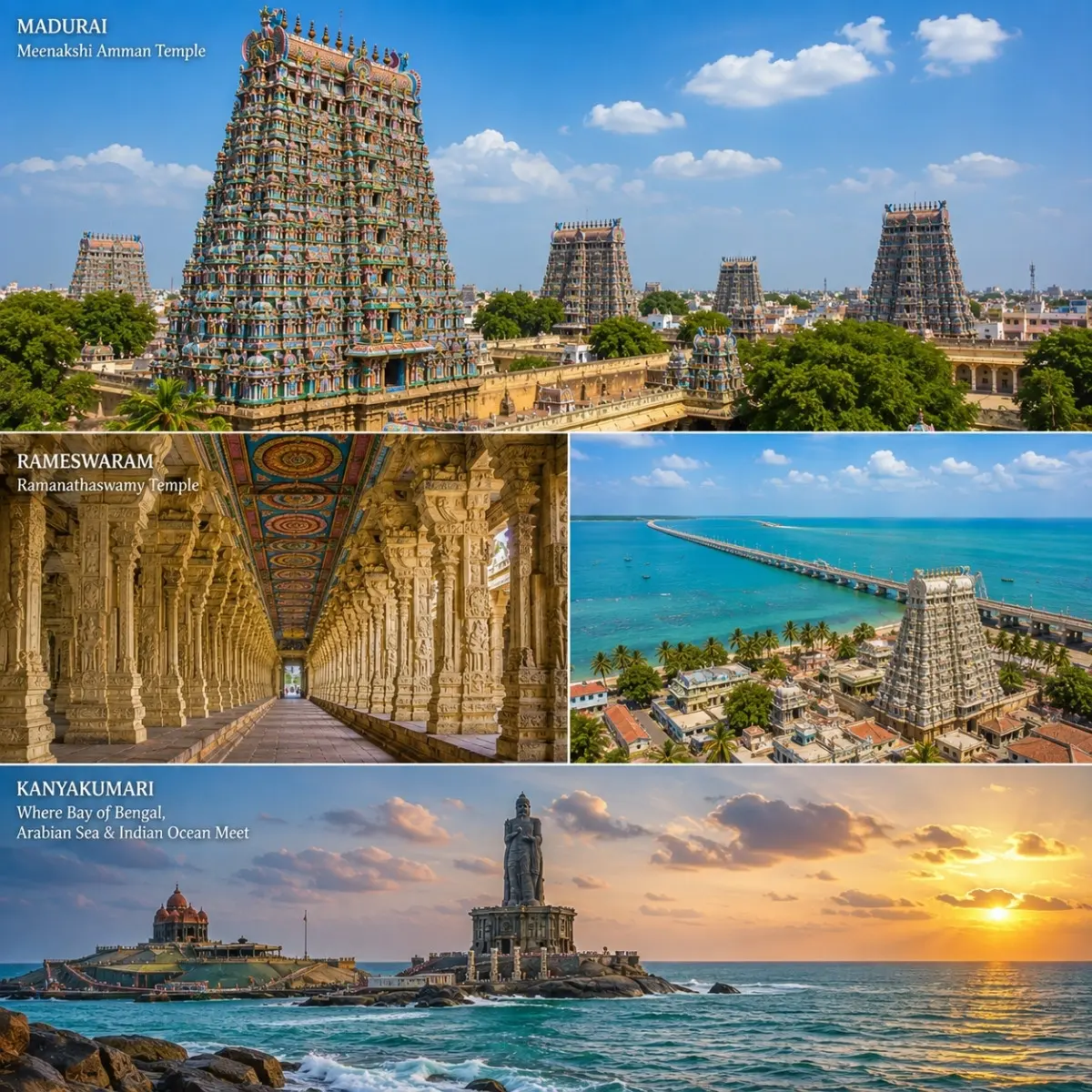 Madurai, Rameswaram & Kanyakumari Tour Package featuring Meenakshi Amman Temple, Ramanathaswamy Temple, Pamban Bridge and Vivekananda Rock Memorial