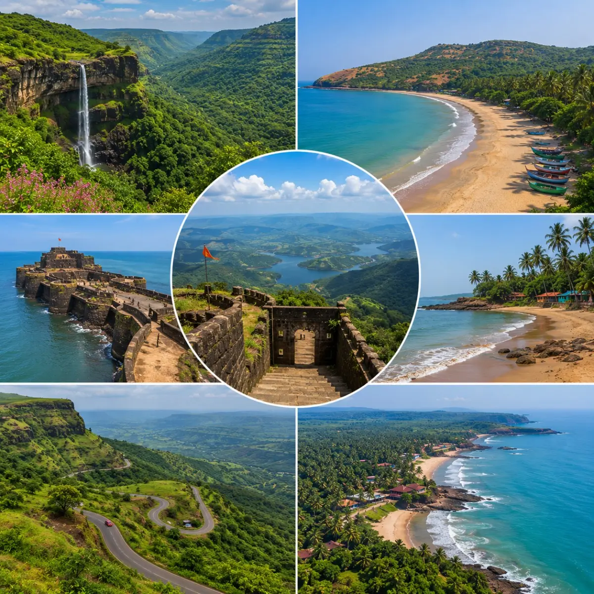 Maharashtra Hills Beaches Konkan Tour Package featuring Lonavala, Matheran, Alibaug, Ganpatipule, Tarkarli, Mahabaleshwar, Pune and the scenic Konkan coastline.