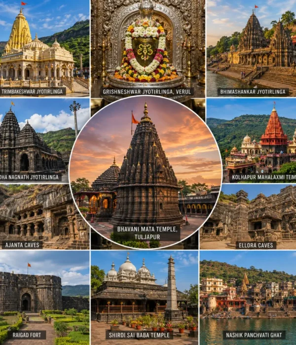Maharashtra Pilgrimage Jyotirlinga Heritage Tour Package featuring Trimbakeshwar, Bhimashankar, Grishneshwar, Shirdi, Ashtavinayak Temples, Ajanta Ellora Caves and Raigad Fort.