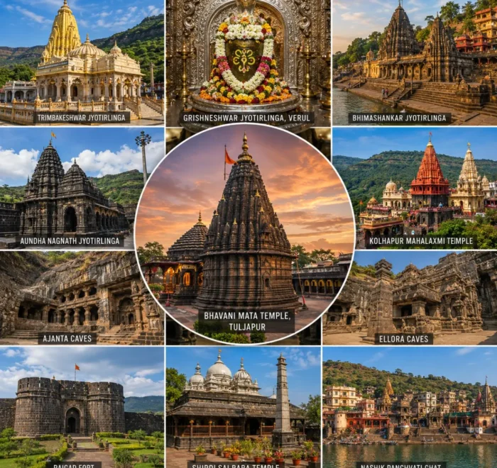 Maharashtra Pilgrimage Jyotirlinga Heritage Tour Package featuring Trimbakeshwar, Bhimashankar, Grishneshwar, Shirdi, Ashtavinayak Temples, Ajanta Ellora Caves and Raigad Fort.