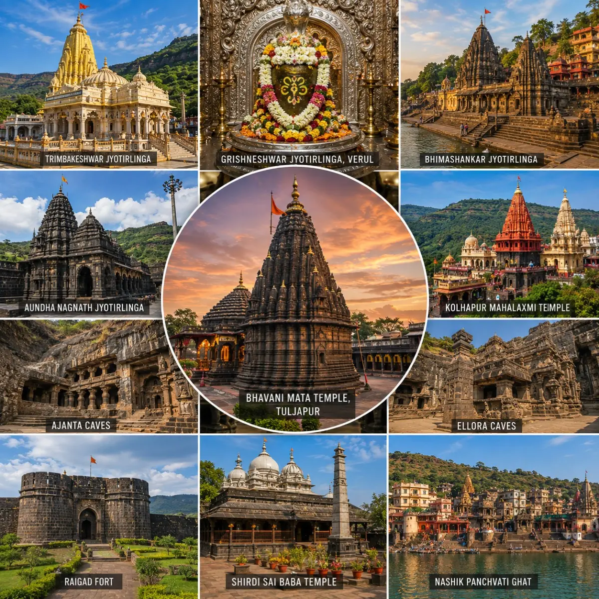 Maharashtra Pilgrimage Jyotirlinga Heritage Tour Package featuring Trimbakeshwar, Bhimashankar, Grishneshwar, Shirdi, Ashtavinayak Temples, Ajanta Ellora Caves and Raigad Fort.