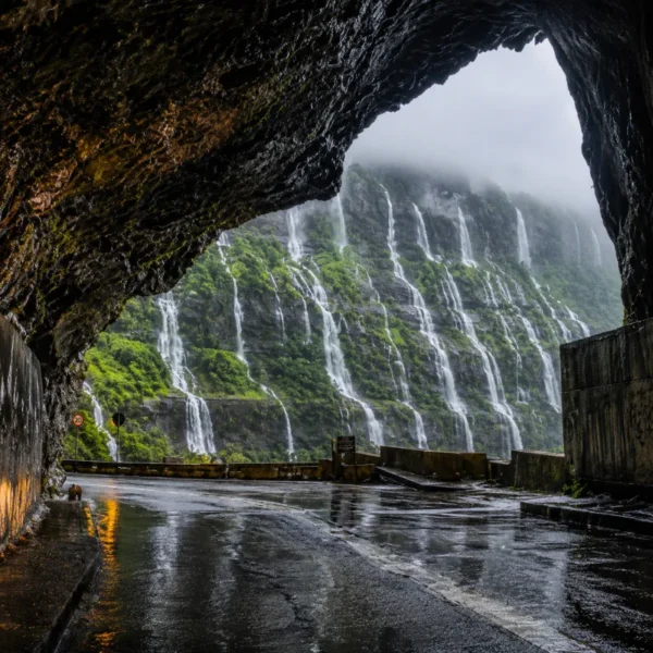 Malshej Ghat monsoon tour featuring mist-covered Sahyadri hills, lush green valleys and cascading seasonal waterfalls