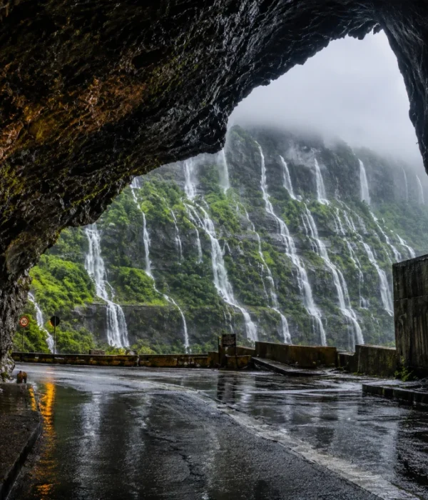 Malshej Ghat monsoon tour featuring mist-covered Sahyadri hills, lush green valleys and cascading seasonal waterfalls