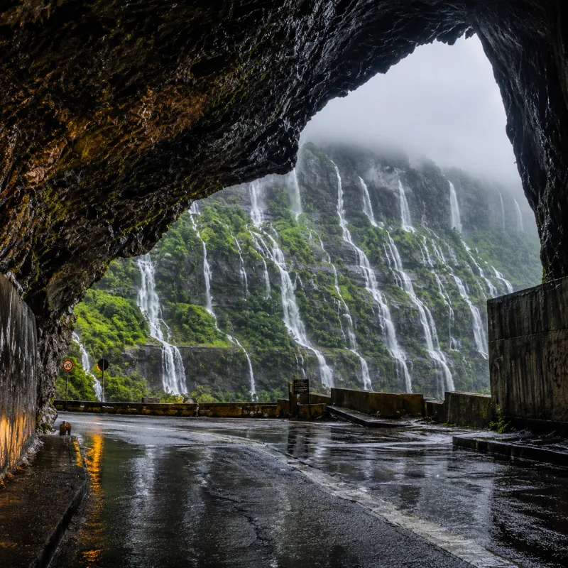Malshej Ghat monsoon tour featuring mist-covered Sahyadri hills, lush green valleys and cascading seasonal waterfalls