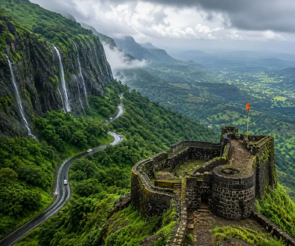 Malshej Ghat Shivneri Tour Package featuring Malshej Ghat waterfalls, Shivneri Fort, misty Sahyadri mountains, Pimpalgaon Joga Dam and scenic viewpoints.