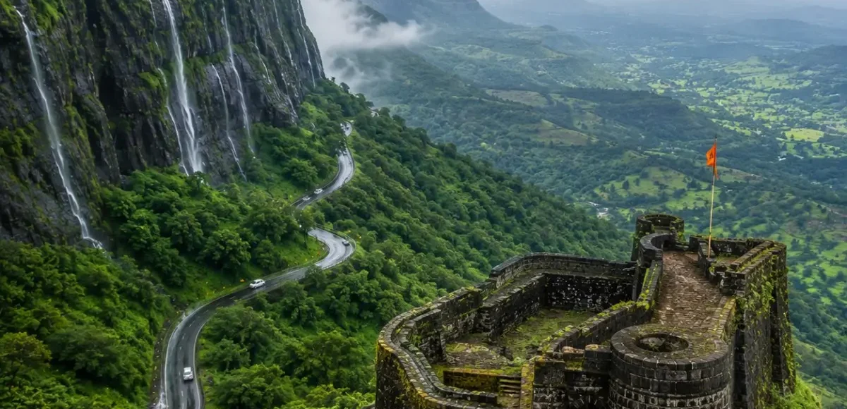 Malshej Ghat Shivneri Tour Package featuring Malshej Ghat waterfalls, Shivneri Fort, misty Sahyadri mountains, Pimpalgaon Joga Dam and scenic viewpoints.