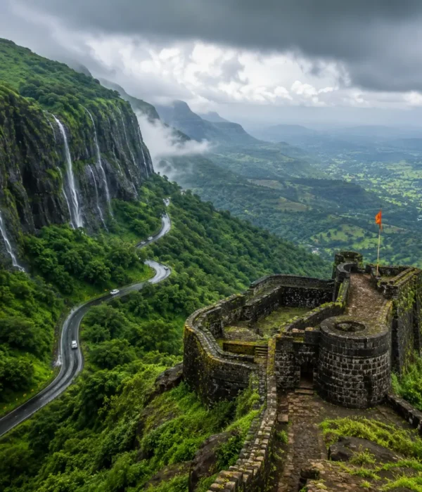 Malshej Ghat Shivneri Tour Package featuring Malshej Ghat waterfalls, Shivneri Fort, misty Sahyadri mountains, Pimpalgaon Joga Dam and scenic viewpoints.