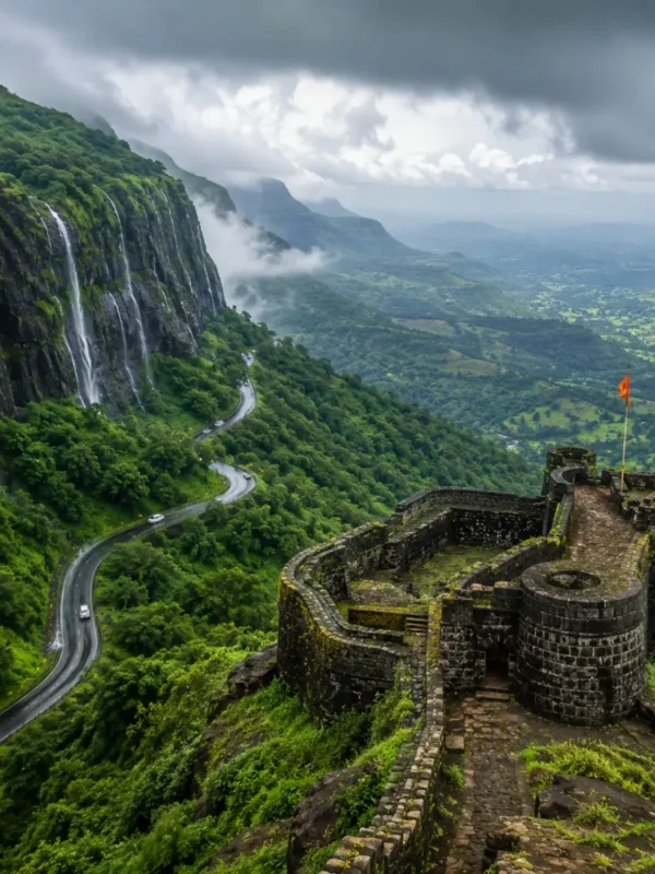 Malshej Ghat Shivneri Tour Package featuring Malshej Ghat waterfalls, Shivneri Fort, misty Sahyadri mountains, Pimpalgaon Joga Dam and scenic viewpoints.