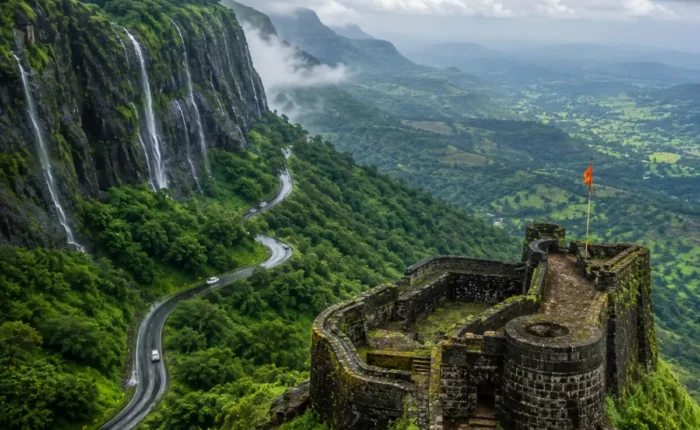 Malshej Ghat Shivneri Tour Package featuring Malshej Ghat waterfalls, Shivneri Fort, misty Sahyadri mountains, Pimpalgaon Joga Dam and scenic viewpoints.