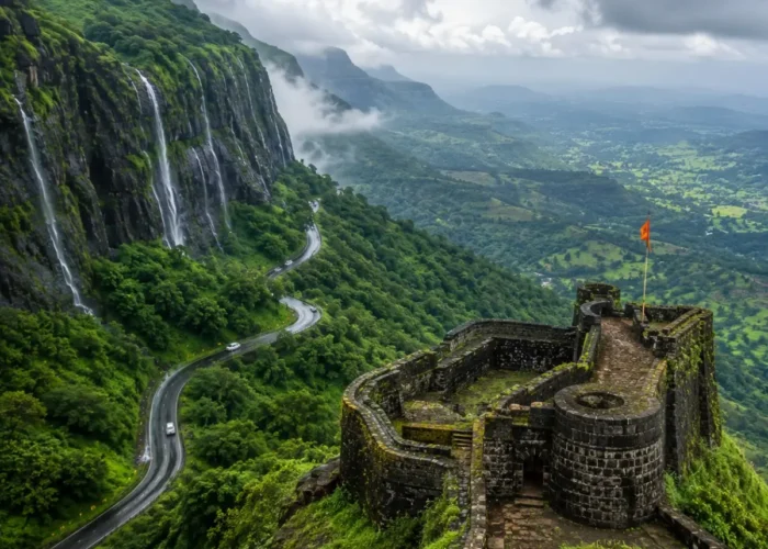 Malshej Ghat Shivneri Tour Package featuring Malshej Ghat waterfalls, Shivneri Fort, misty Sahyadri mountains, Pimpalgaon Joga Dam and scenic viewpoints.