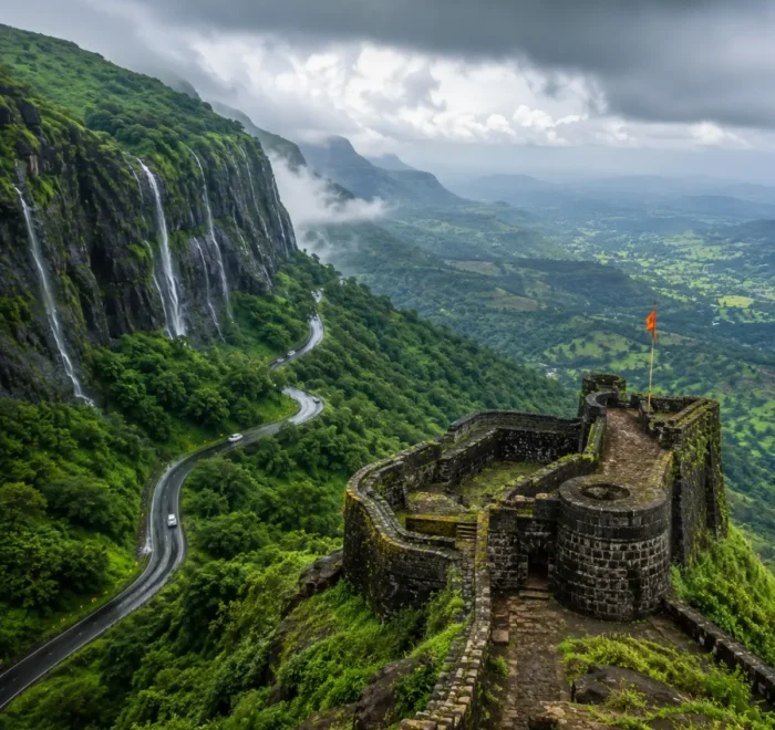 Malshej Ghat Shivneri Tour Package featuring Malshej Ghat waterfalls, Shivneri Fort, misty Sahyadri mountains, Pimpalgaon Joga Dam and scenic viewpoints.