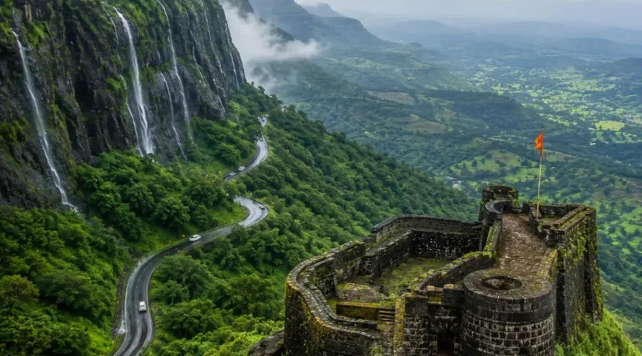 Malshej Ghat Shivneri Tour Package featuring Malshej Ghat waterfalls, Shivneri Fort, misty Sahyadri mountains, Pimpalgaon Joga Dam and scenic viewpoints.