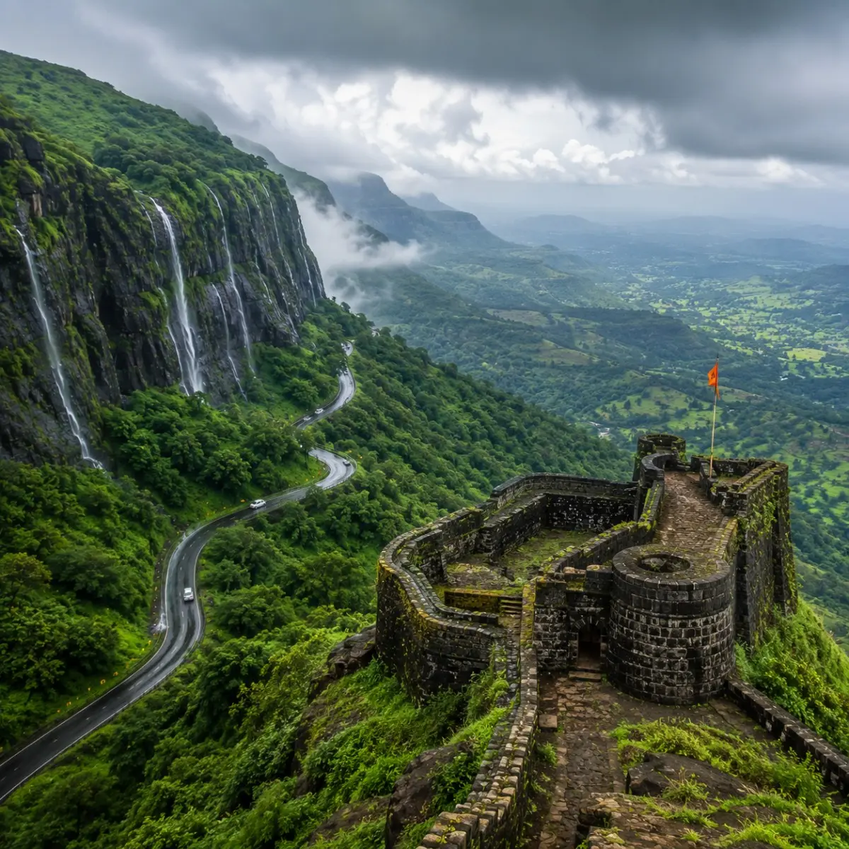 Malshej Ghat Shivneri Tour Package featuring Malshej Ghat waterfalls, Shivneri Fort, misty Sahyadri mountains, Pimpalgaon Joga Dam and scenic viewpoints.