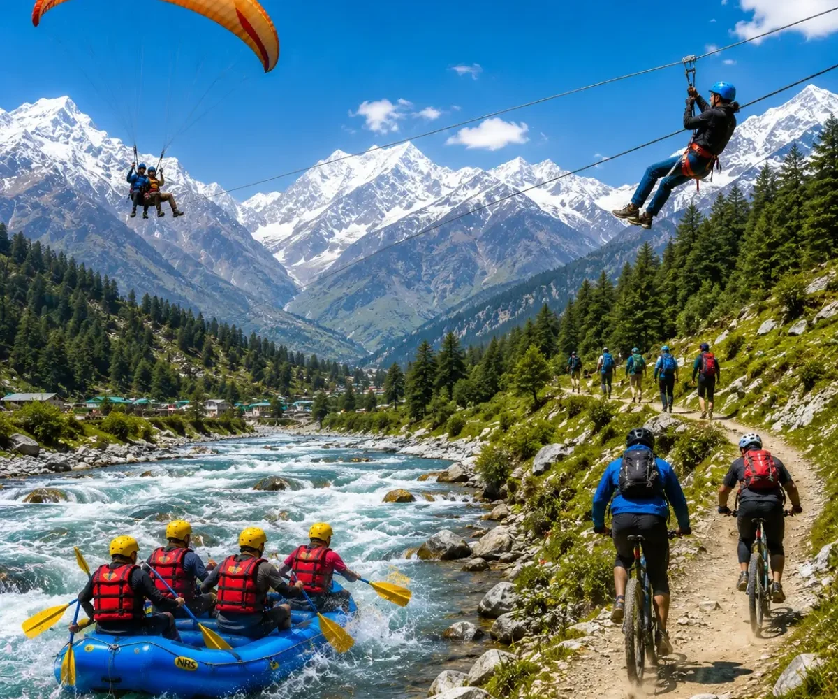 Manali Adventure Tour Package featuring Solang Valley, Rohtang Pass, paragliding, river rafting, trekking, camping and Himalayan adventure activities.