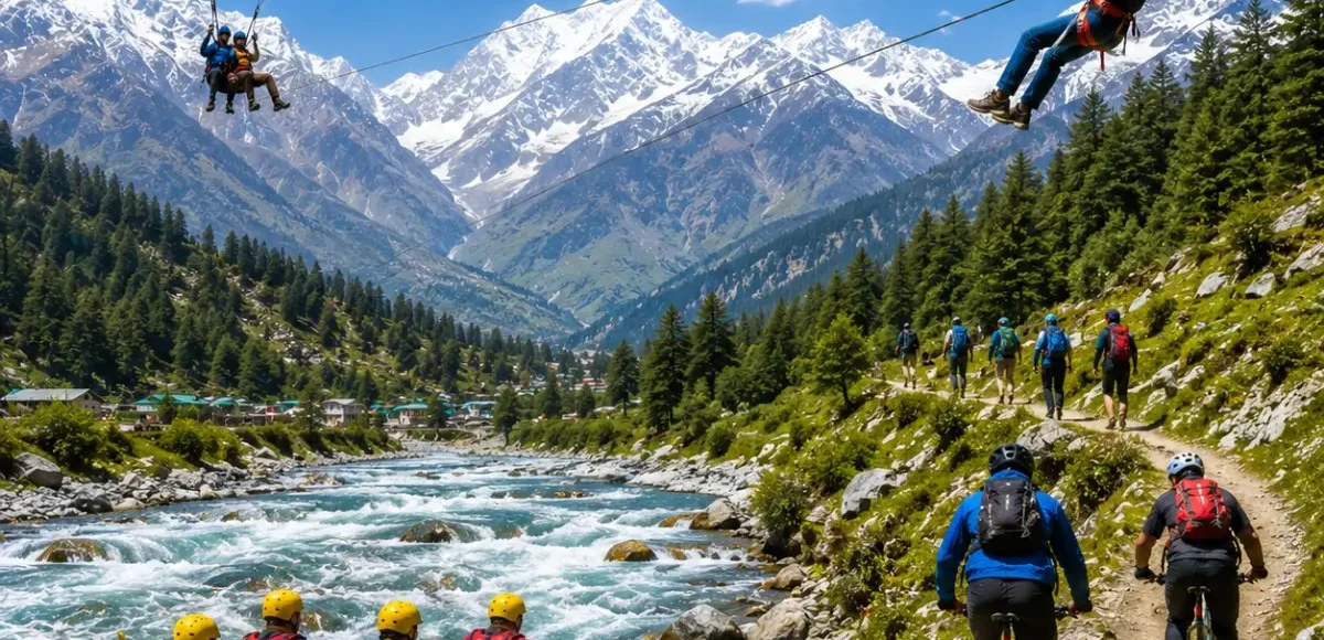 Manali Adventure Tour Package featuring Solang Valley, Rohtang Pass, paragliding, river rafting, trekking, camping and Himalayan adventure activities.