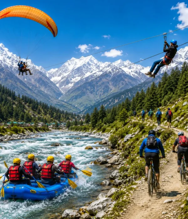 Manali Adventure Tour Package featuring Solang Valley, Rohtang Pass, paragliding, river rafting, trekking, camping and Himalayan adventure activities.