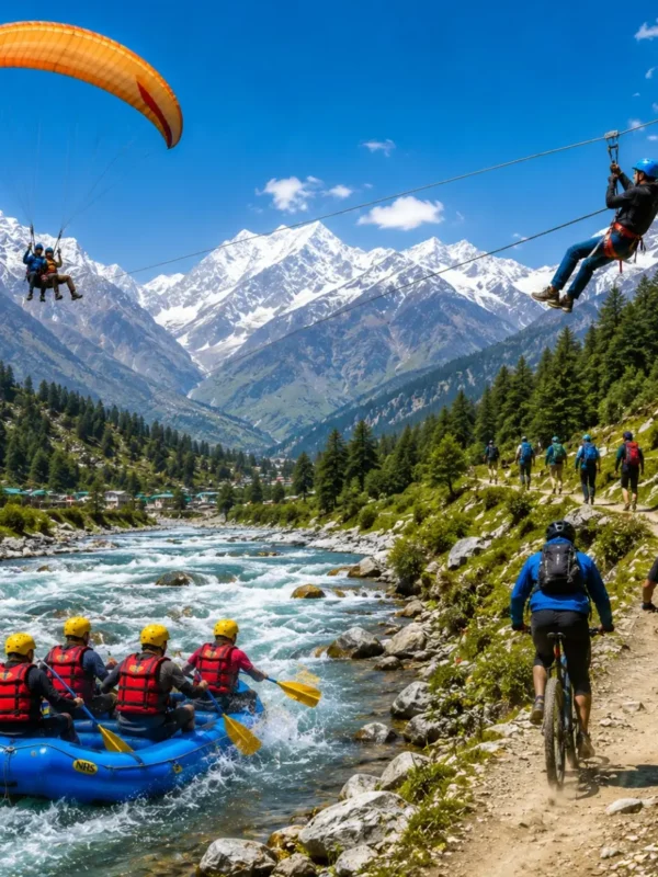 Manali Adventure Tour Package featuring Solang Valley, Rohtang Pass, paragliding, river rafting, trekking, camping and Himalayan adventure activities.