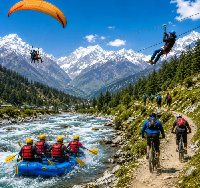 Manali Adventure Tour Package featuring Solang Valley, Rohtang Pass, paragliding, river rafting, trekking, camping and Himalayan adventure activities.