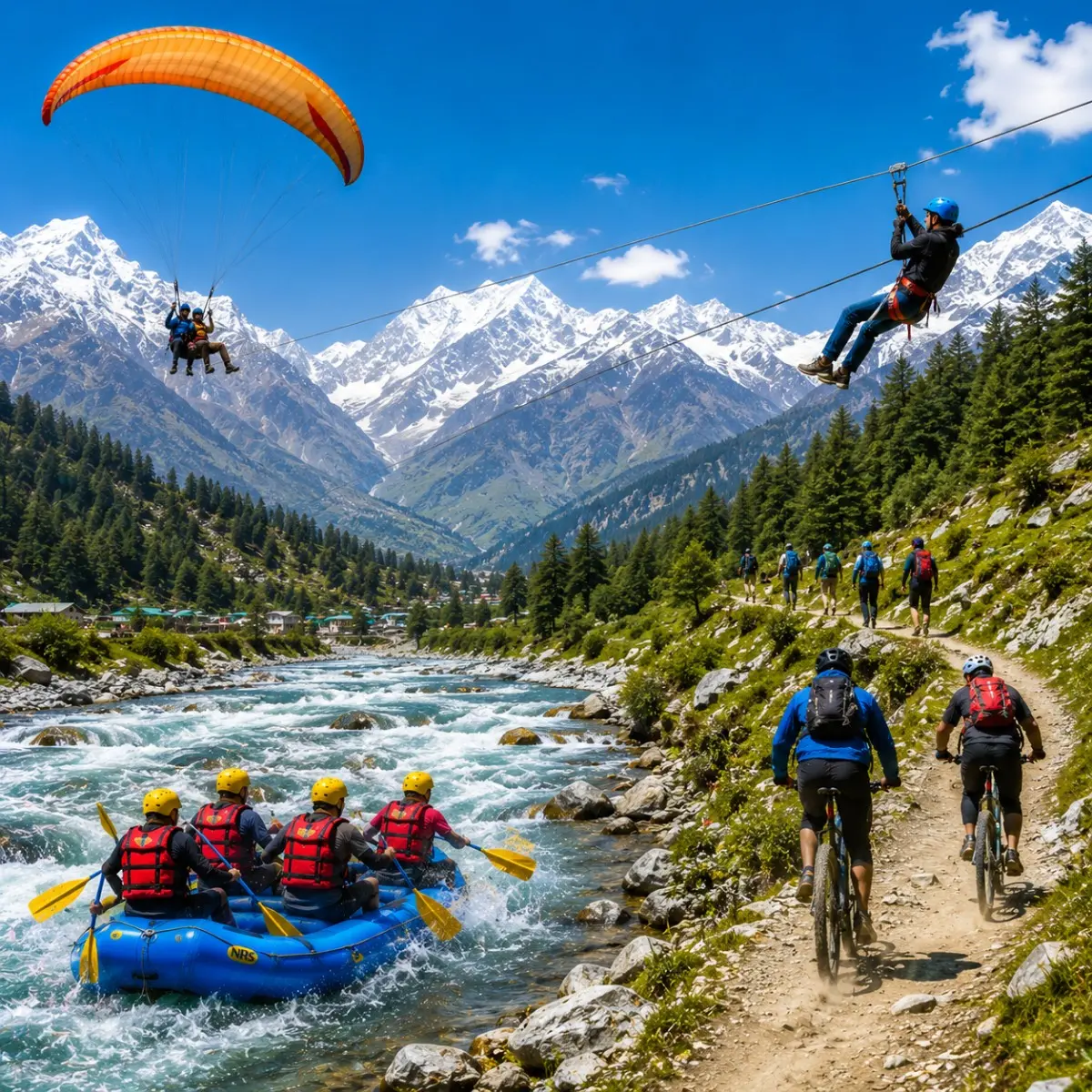 Manali Adventure Tour Package featuring Solang Valley, Rohtang Pass, paragliding, river rafting, trekking, camping and Himalayan adventure activities.