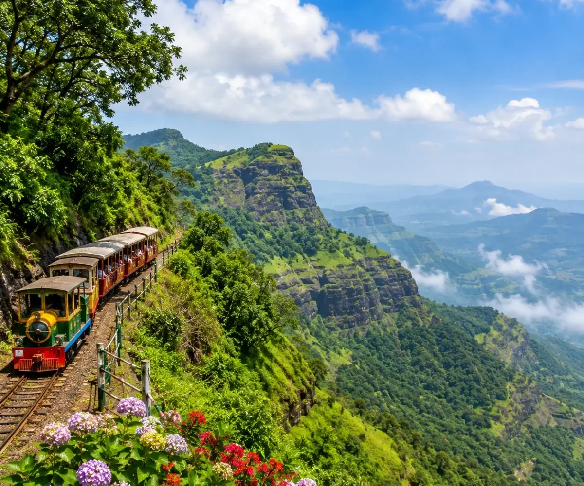 Matheran Hill Station Weekend Tour Package featuring Panorama Point, Charlotte Lake, Echo Point, toy train, lush green forests and scenic valley views.