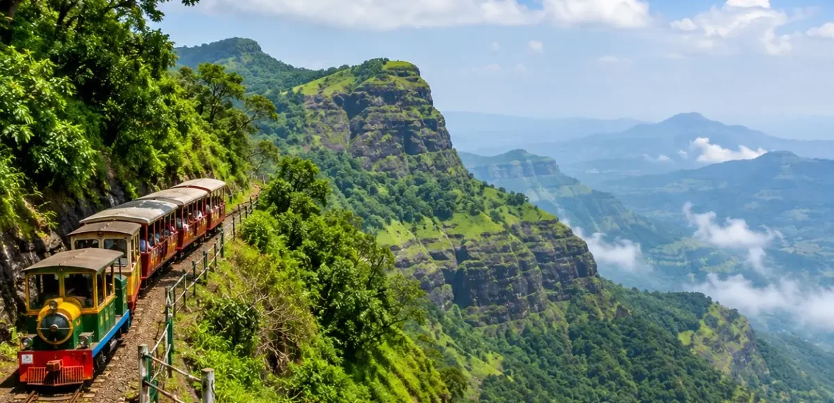 Matheran Hill Station Weekend Tour Package featuring Panorama Point, Charlotte Lake, Echo Point, toy train, lush green forests and scenic valley views.