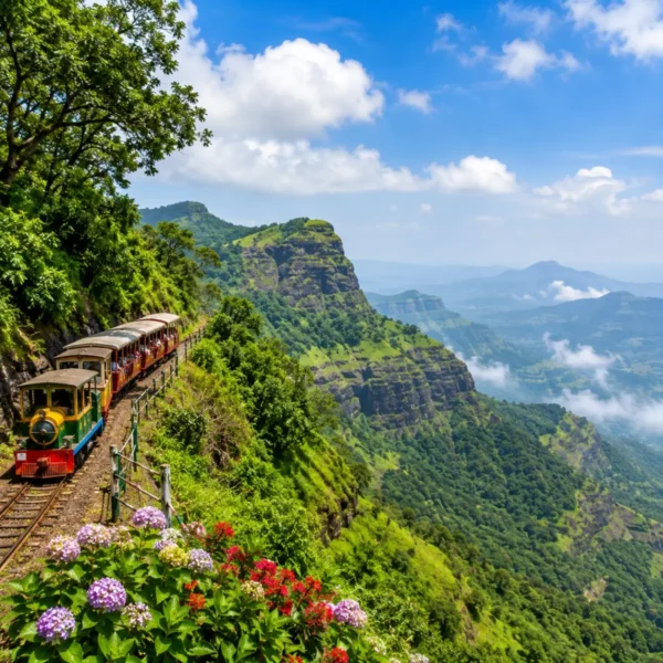 Matheran Hill Station Weekend Tour Package featuring Panorama Point, Charlotte Lake, Echo Point, toy train, lush green forests and scenic valley views.