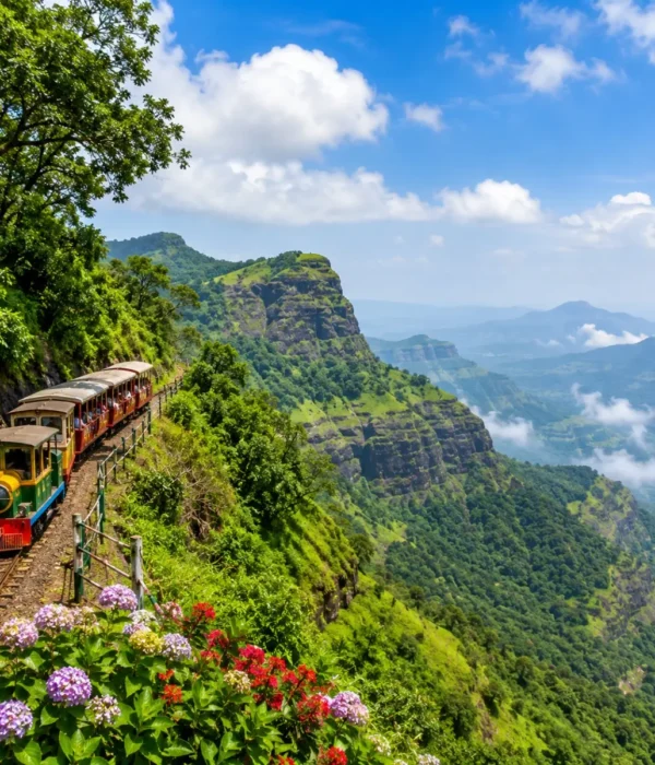 Matheran Hill Station Weekend Tour Package featuring Panorama Point, Charlotte Lake, Echo Point, toy train, lush green forests and scenic valley views.
