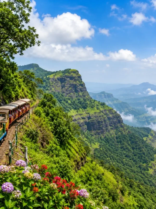 Matheran Hill Station Weekend Tour Package featuring Panorama Point, Charlotte Lake, Echo Point, toy train, lush green forests and scenic valley views.