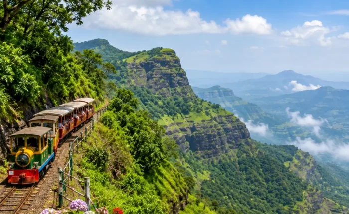 Matheran Hill Station Weekend Tour Package featuring Panorama Point, Charlotte Lake, Echo Point, toy train, lush green forests and scenic valley views.